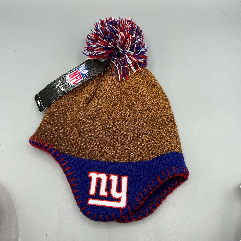 New York Giants NFL Kids Men Brown Blue Team Apparel Beanie Pom Pom Cap New